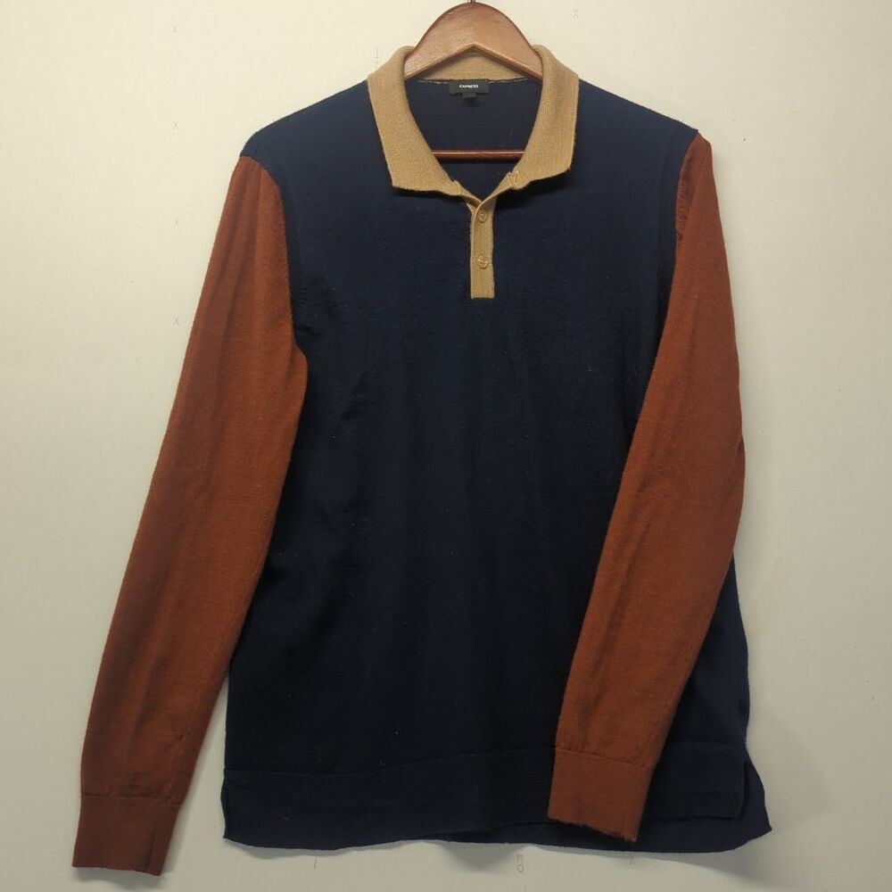 Express Color Block Merino Wool Sweater Shirt Long Sleeve Polo L Navy Brown Tan